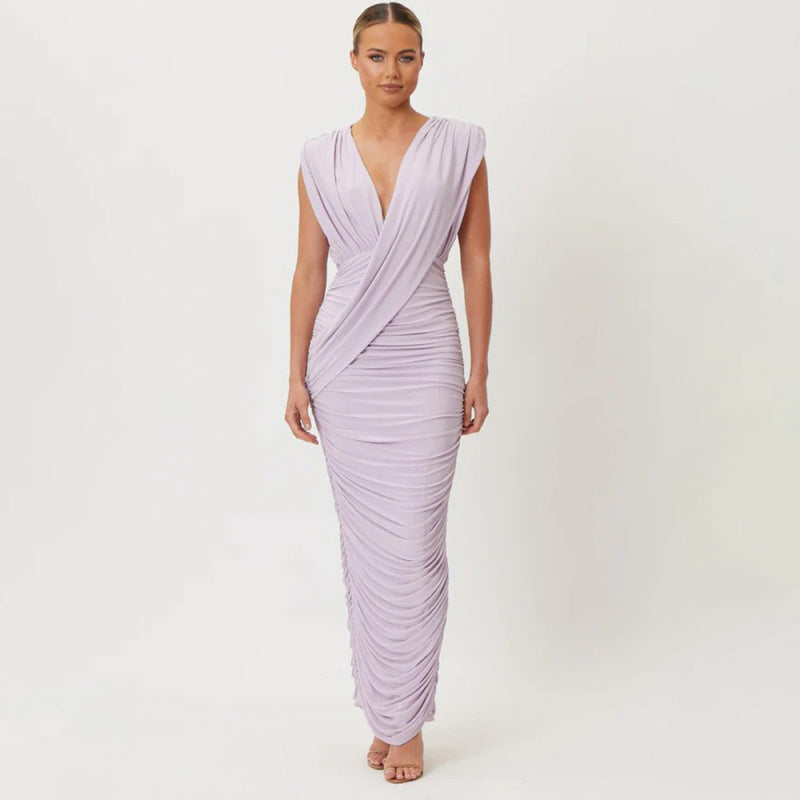 Damen elegantes Maxikleid mit raffiniertem Wickeldesign und Rüschendetails R&B