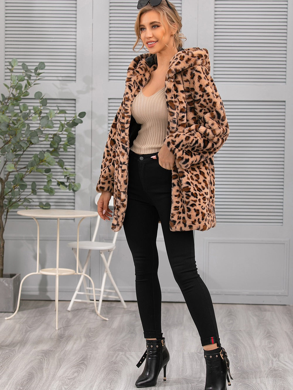 Damen kuschelige Oversized-Jacke mit elegantem Leopardenmuster R&B