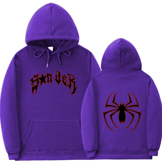 Damen Kapuzenpullover mit auffälligem Spinnenmotiv und grobem Schriftzug R&B