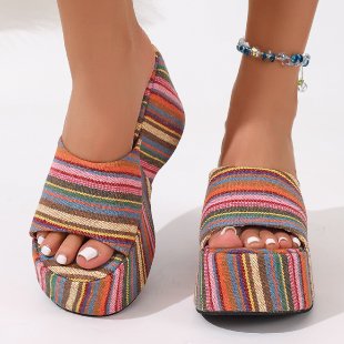 Damen Plateau-Sandalen mit buntem Streifenmuster und komfortablem Fußbett R&B