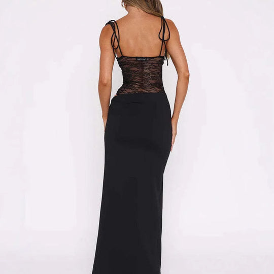 Damen nan elegantes Maxikleid mit transparentem Spitzenmieder Bandeau-Oberteil und Bindeträgern R&B