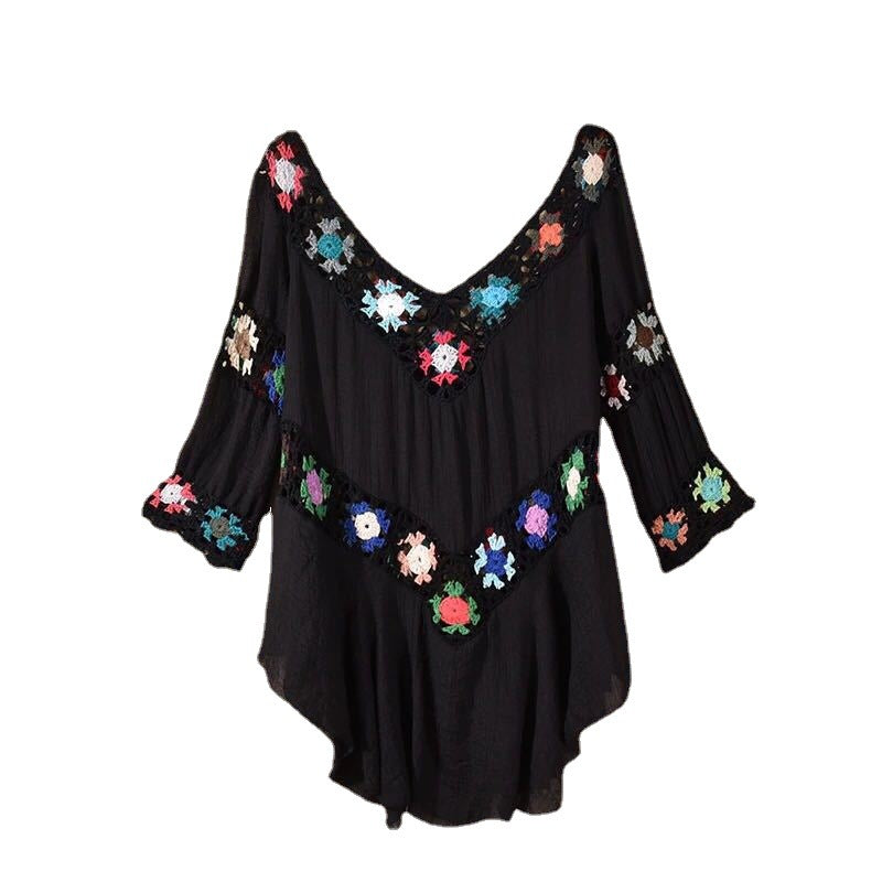 Damen Häkelbluse mit bunten Floral-Applikationen R&B