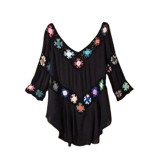 Damen Häkelbluse mit bunten Floral-Applikationen R&B
