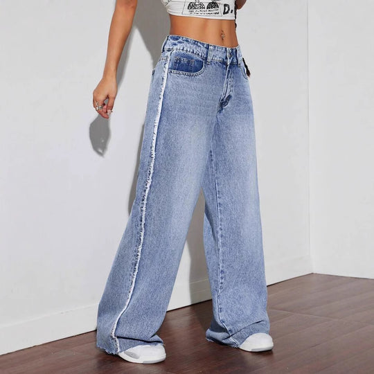 Damen Weite Denim-Jeans mit auffälligem fransigem Saum und hoher Taille R&B