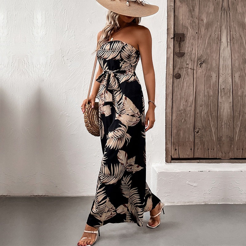 Damen Maxi-Jumpsuit mit strukturiertem Bandeau-Oberteil und lässigem Schnitt R&B