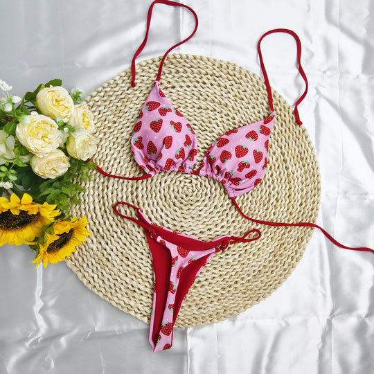 Damen Triangel-Bikini-Set mit fröhlichem Kirschmuster und verstellbaren Trägern R&B