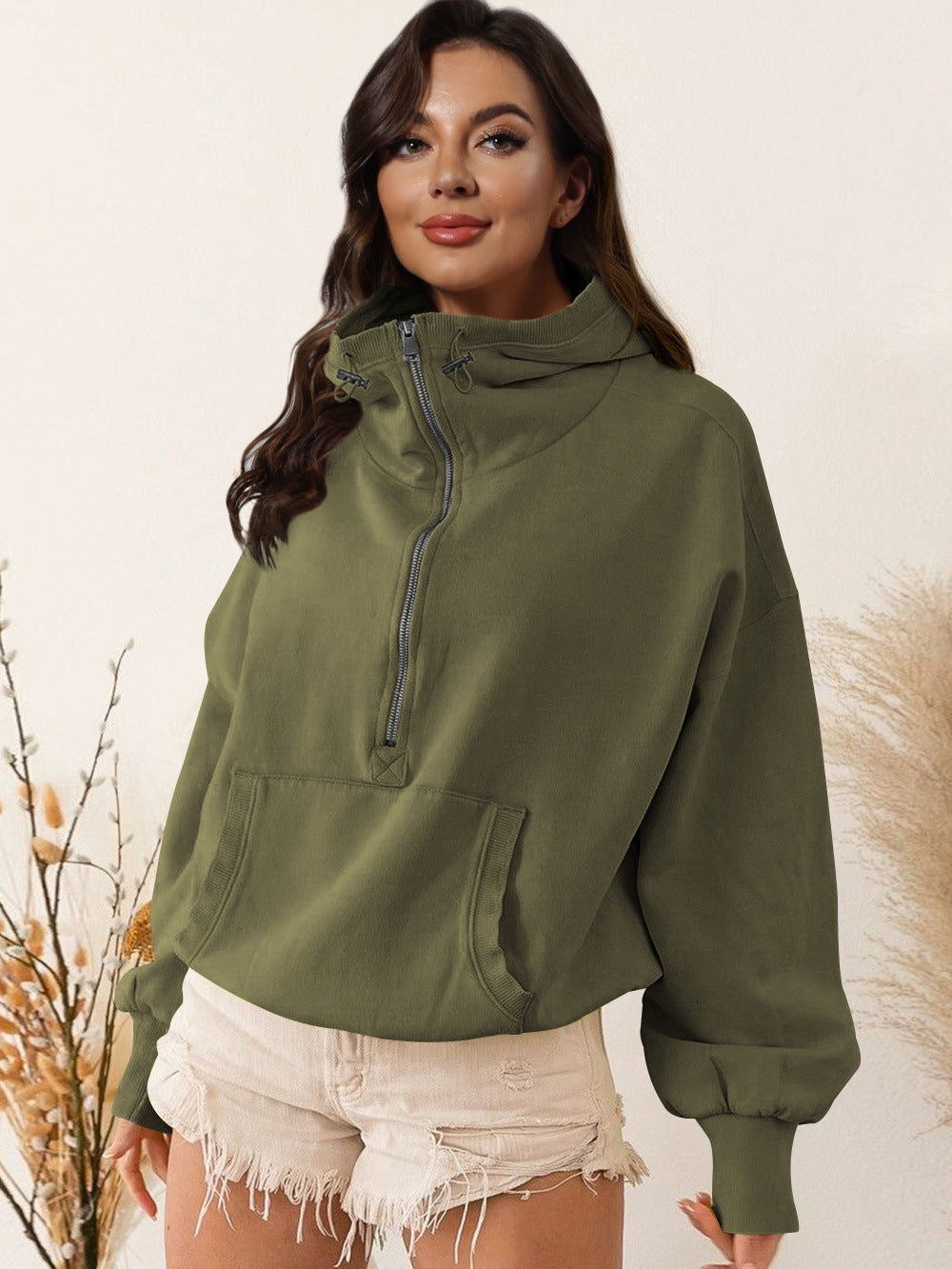 Damen sportlicher Kapuzenpullover mit halbem Reißverschluss und funktionalen Taschen R&B
