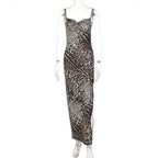 Damen Elegantes Maxikleid mit Leopardenmuster und sexy Schlitz R&B