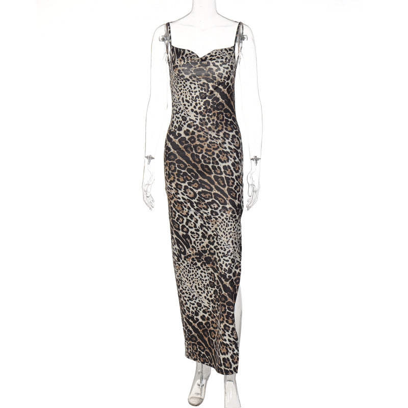 Damen Elegantes Maxikleid mit Leopardenmuster und sexy Schlitz R&B