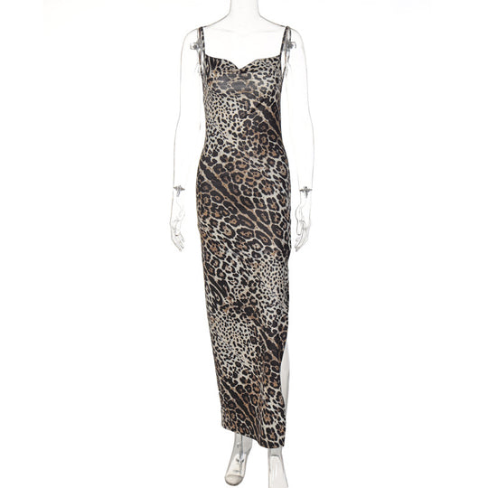 Damen Elegantes Maxikleid mit Leopardenmuster und sexy Schlitz R&B