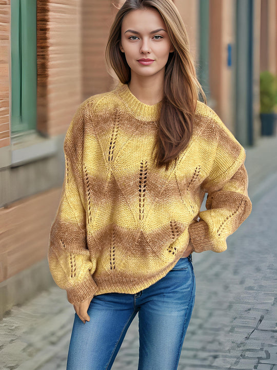 Damen lässiger Strickpullover mit modernem Lochmuster und voluminösen Ärmeln R&B