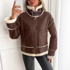 Damen stylische Kunstlederjacke mit Schaffellkragen R&B