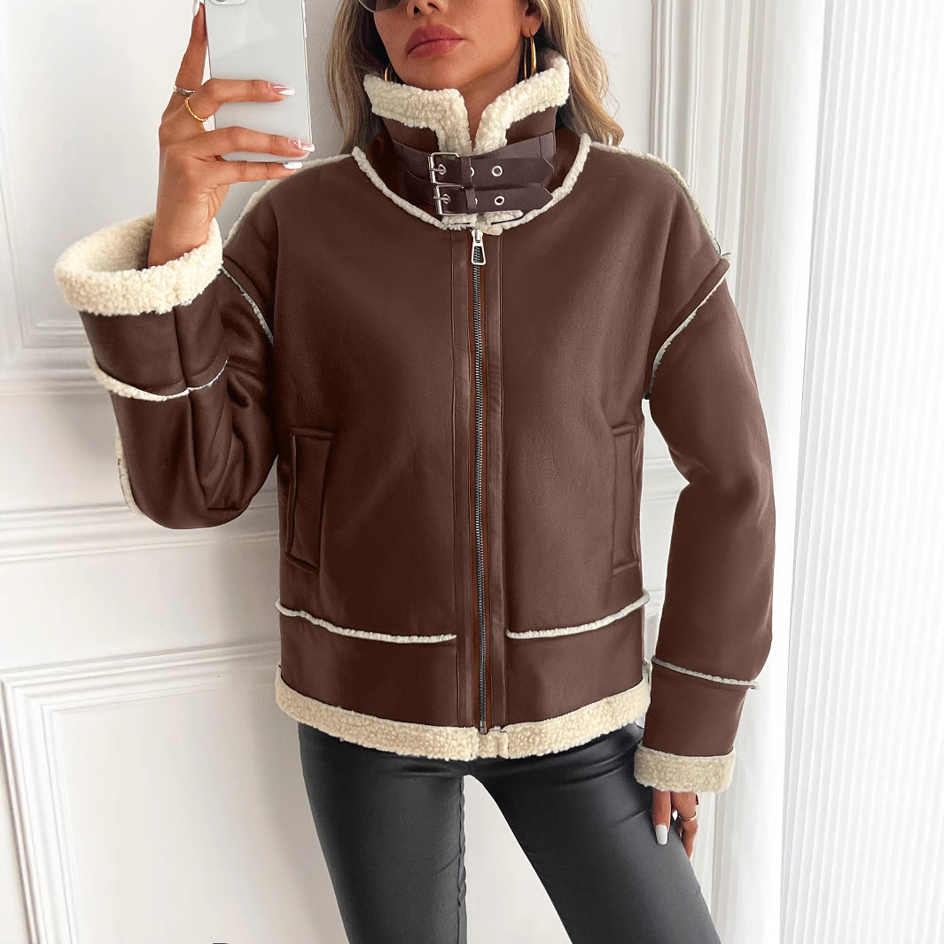 Damen stylische Kunstlederjacke mit Schaffellkragen R&B
