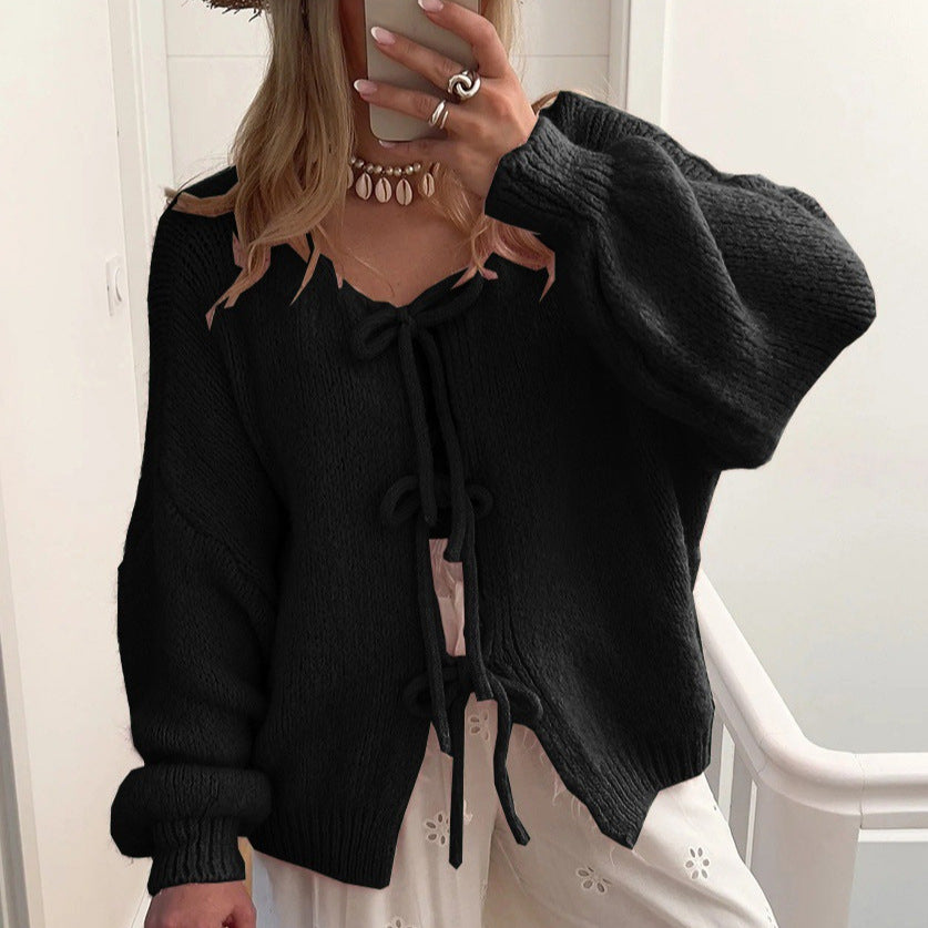 Damen Kuscheliger Strickcardigan mit großzügigem Schnitt und dekorativen Kordeln R&B