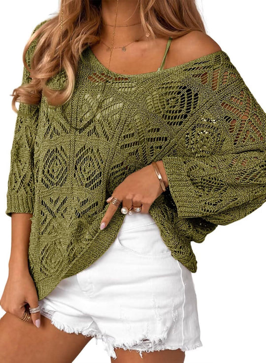 Damen Oversize Strickpullover mit Häkelstruktur R&B