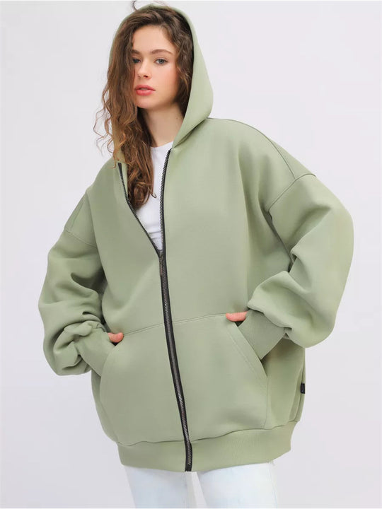 Damen lässiger Oversized Zip-Hoodie mit tiefen Taschen R&B