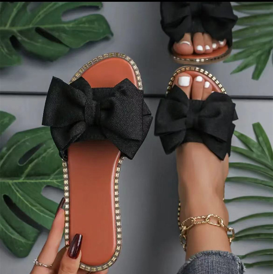 Damen elegante Sommer-Pantoletten mit großem Schleifen-Detail R&B