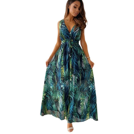 Damen Maxikleid mit floralen Mustern und tailliertem Oberteil R&B