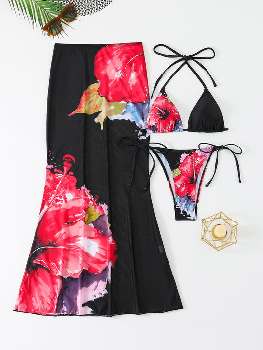 Damen Strandkleid mit blühendem Bikini-Set R&B