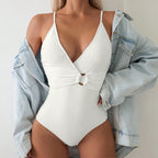 Damen Einteiler Badeanzug mit tiefem V-Ausschnitt und stylishen Knoten-Detail R&B