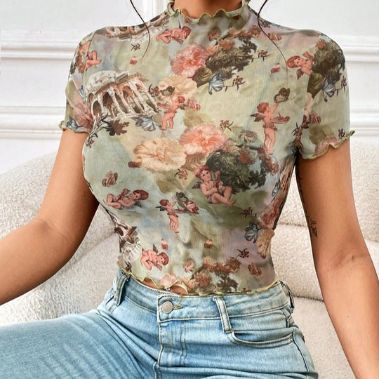 Damen Kurzarmshirt mit kunstvollem Print und modischem Schnitt R&B