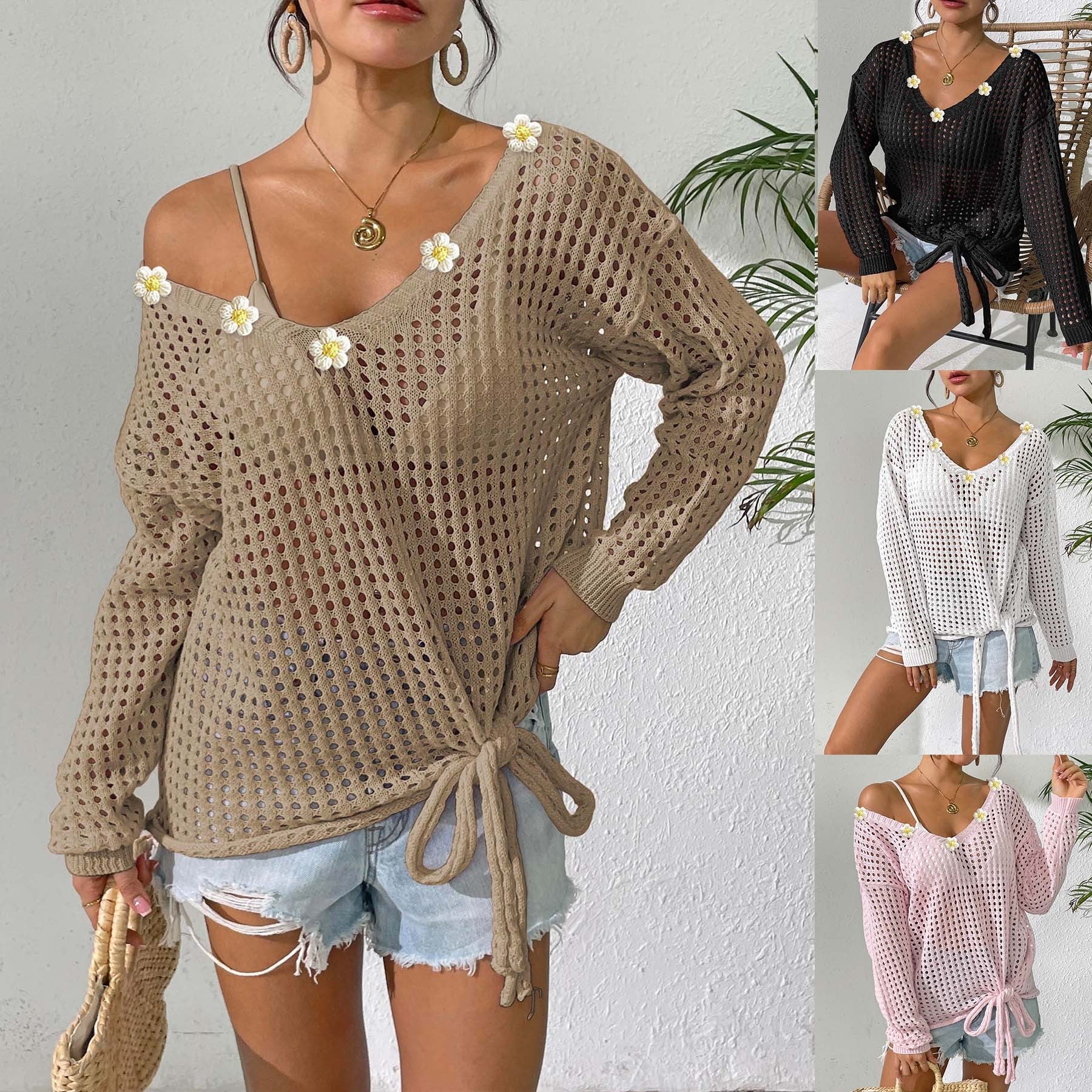 Damen luftiger Strickpullover mit floralem Dekor R&B