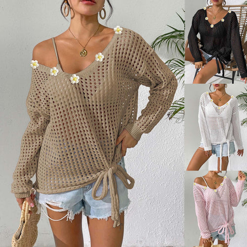 Damen luftiger Strickpullover mit floralem Dekor R&B