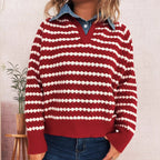 Damen Strickpullover mit tiefem V-Ausschnitt und markantem Streifenmuster R&B