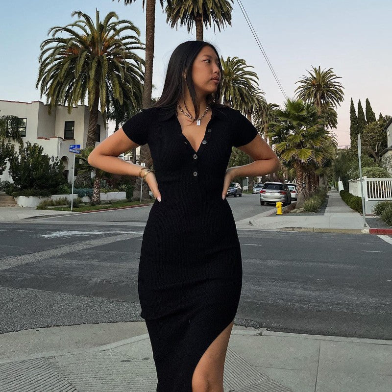 Damen Maxikleid mit kurzem Arm und klassischem Kragen R&B