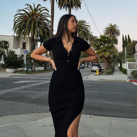 Damen Maxikleid mit kurzem Arm und klassischem Kragen R&B