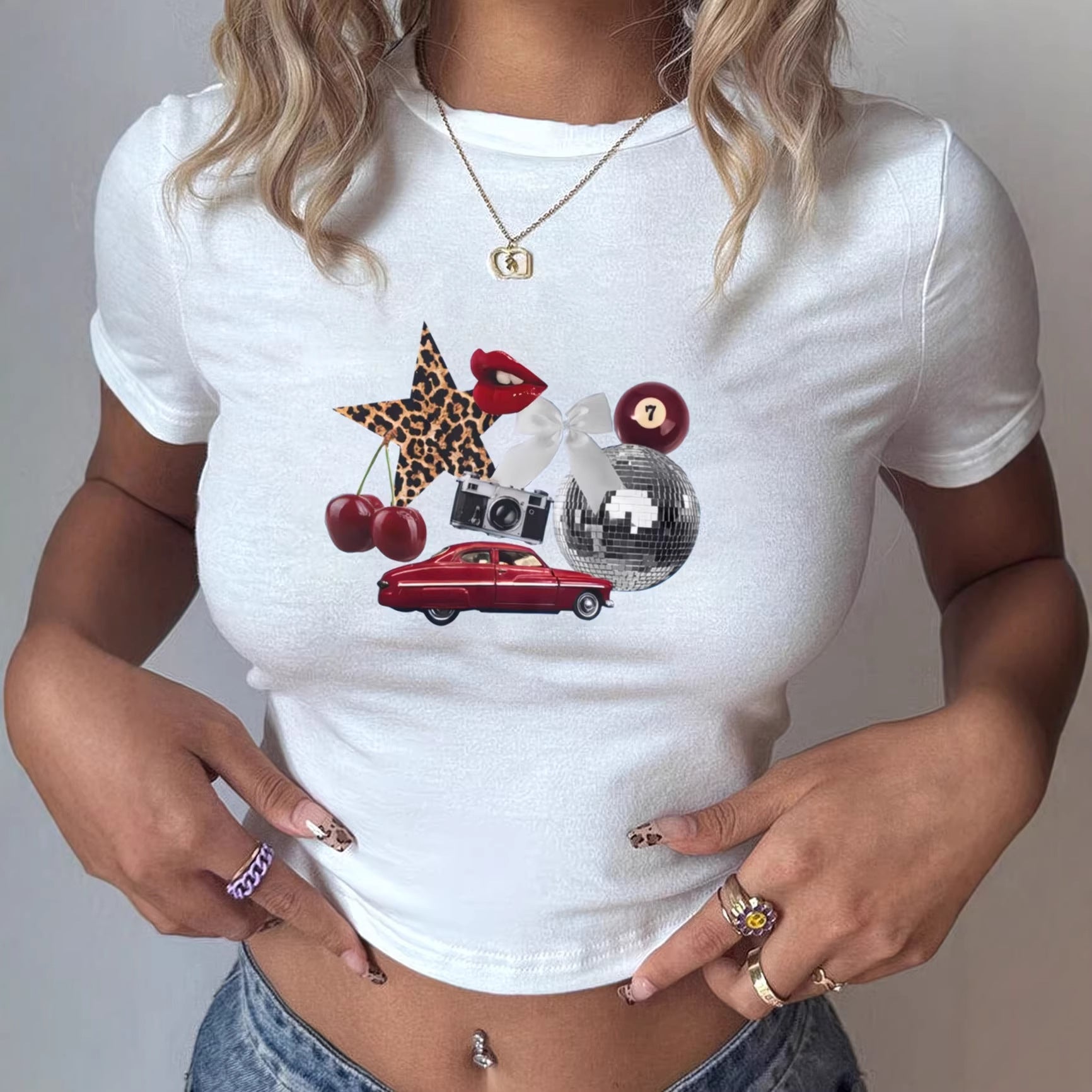 Damen T-Shirt mit kreativem mehrfarbigem Grafikdruck R&B