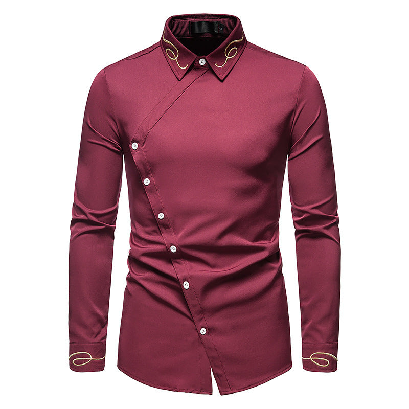 Herren Elegantes Langarmhemd mit asymmetrischem Knopfdesign und gesticktem Kragen R&B