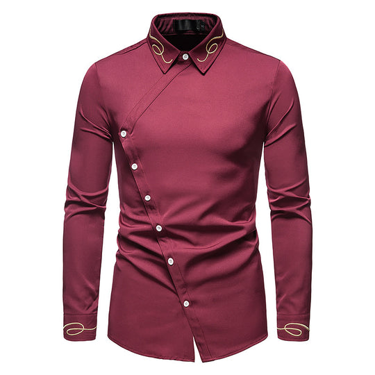 Herren Elegantes Langarmhemd mit asymmetrischem Knopfdesign und gesticktem Kragen R&B