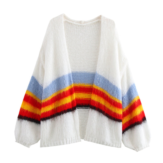 Damen lässiger Strickcardigan mit bunten Streifen und weitem Schnitt R&B