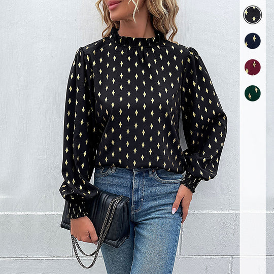 Damen Bluse mit luxuriösem Musterdruck und elegantem Stehkragen R&B