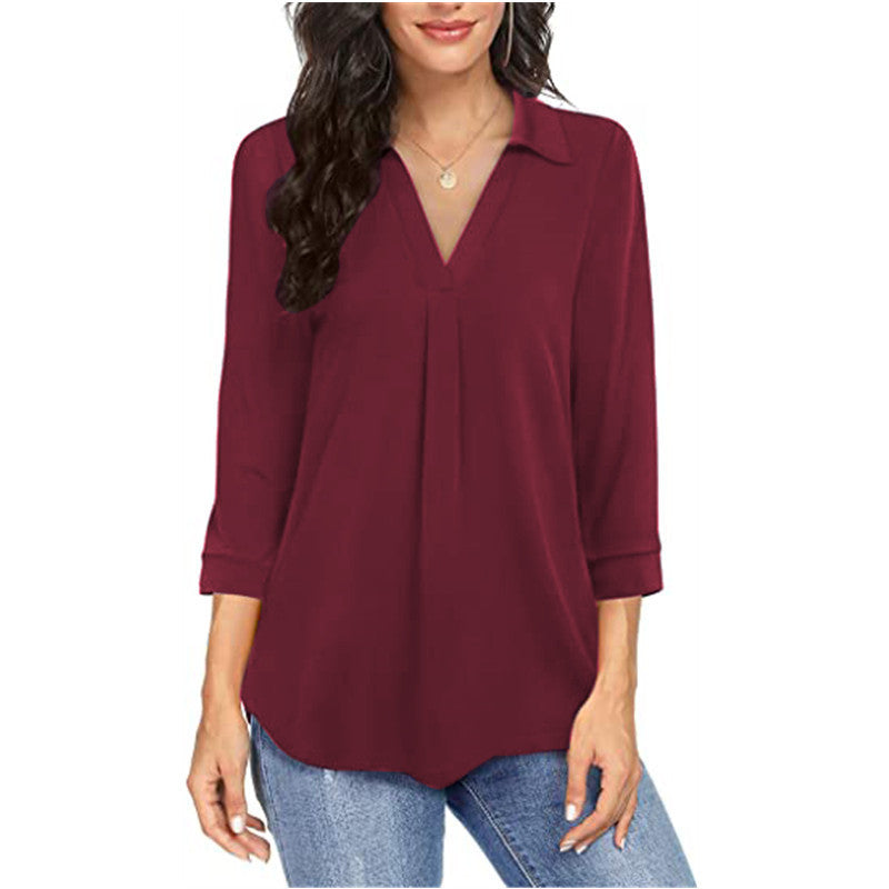 Damen Blusenshirt mit V-Ausschnitt und verkürzten Ärmeln R&B