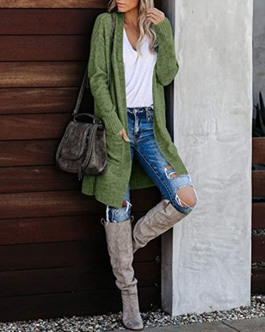 Damen Langer Strickcardigan mit lässigen Taschen und modernem Design R&B