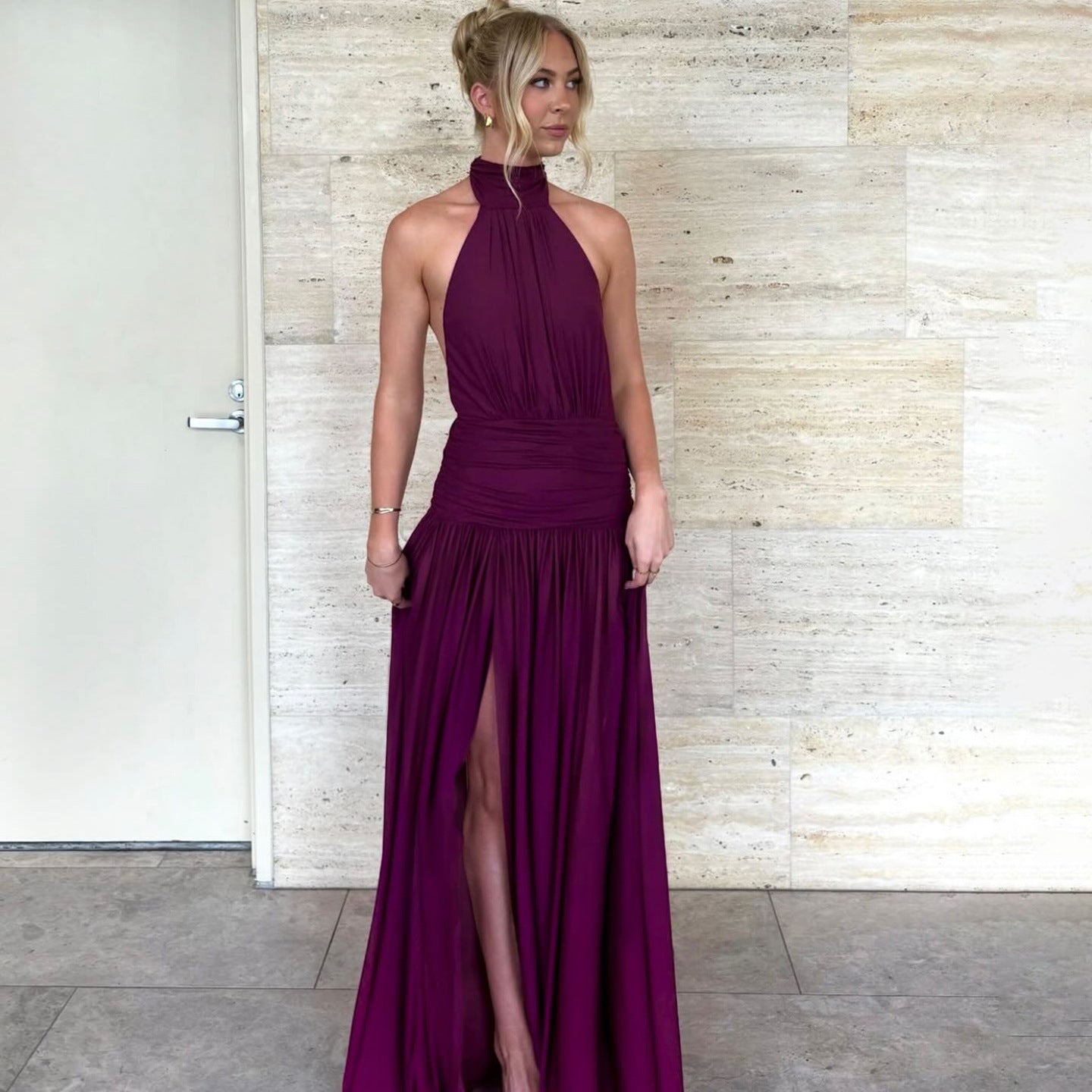 Damen Elegantes Maxikleid mit hochgeschlossenem Design und verführerischem Schlitz R&B