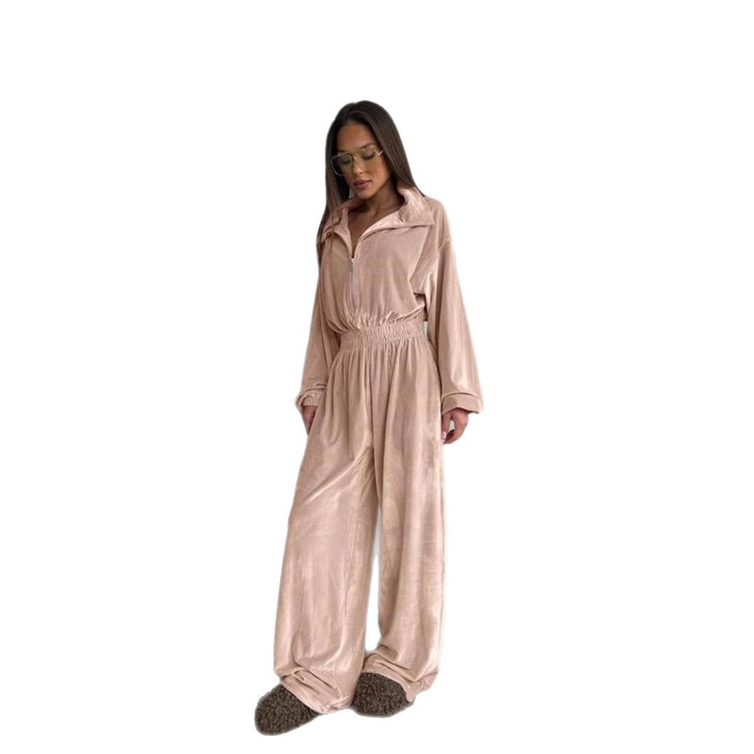 Damen Eleganter Fleece-Jumpsuit mit hohem Kragen und weit geschnittenen Beinen R&B