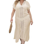 Damen eleganter Maxi-Kaftan mit großzügigem V-Ausschnitt und filigranen Häkelakzenten R&B