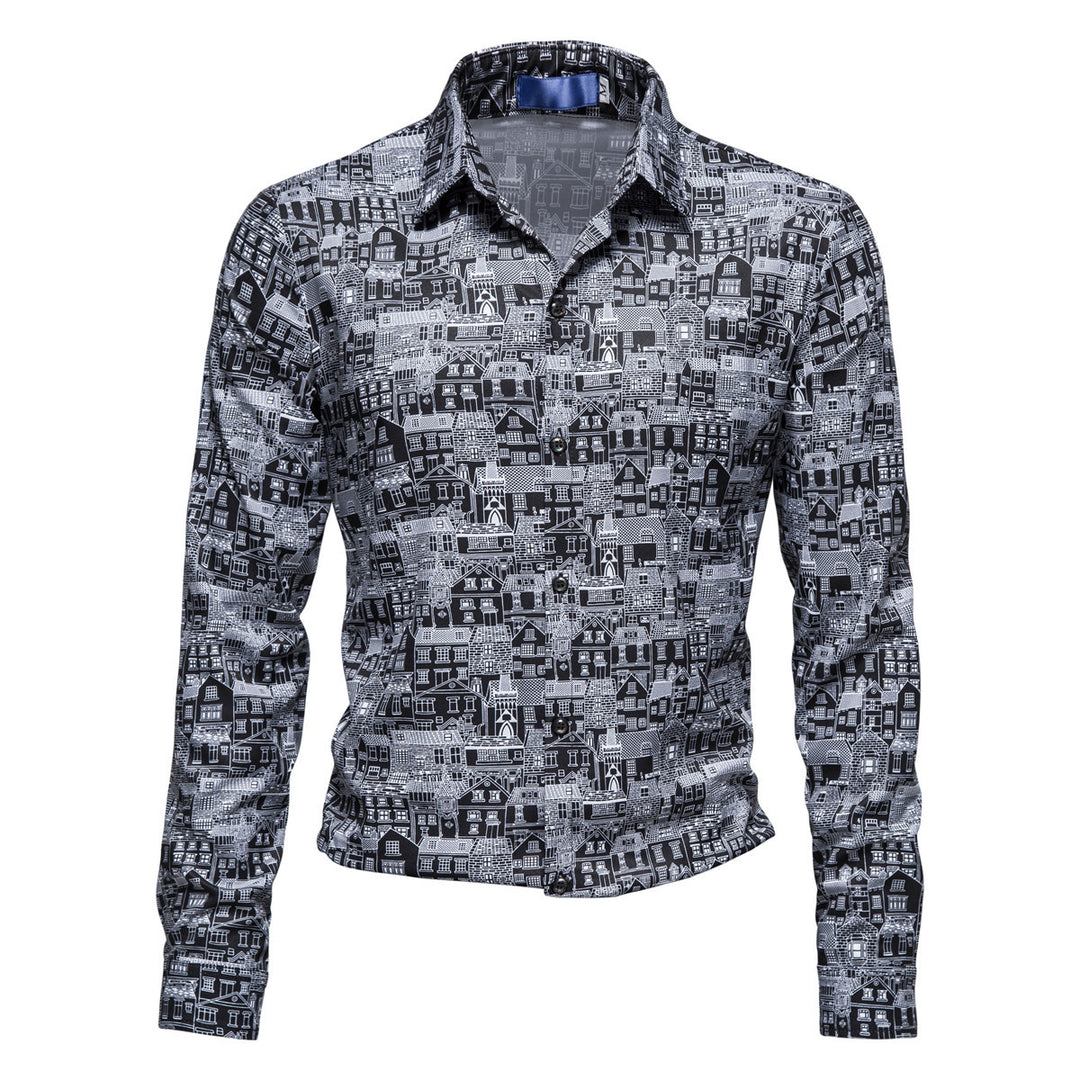Herren Langarmhemd mit kreativem Stadtmotiv und moderner Passform R&B