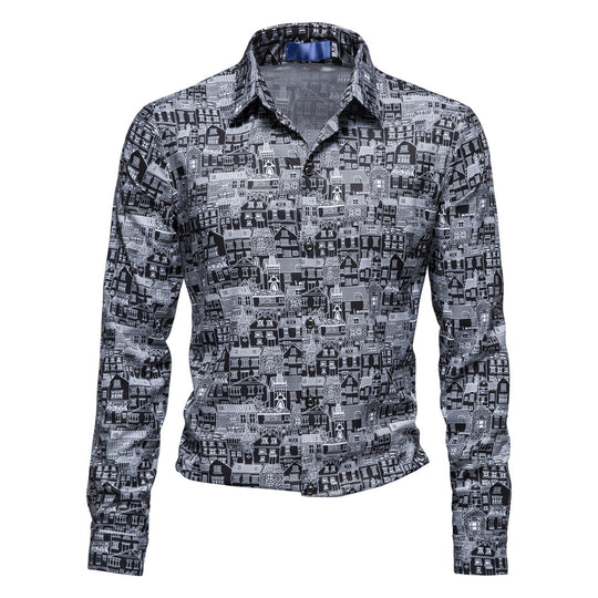 Herren Langarmhemd mit kreativem Stadtmotiv und moderner Passform R&B