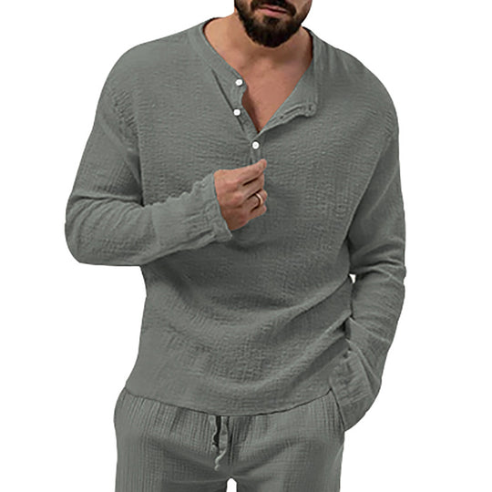 Herren nan entspanntes Henley-Set aus leichter Baumwoll-Gauze mit Kordelbundhose R&B