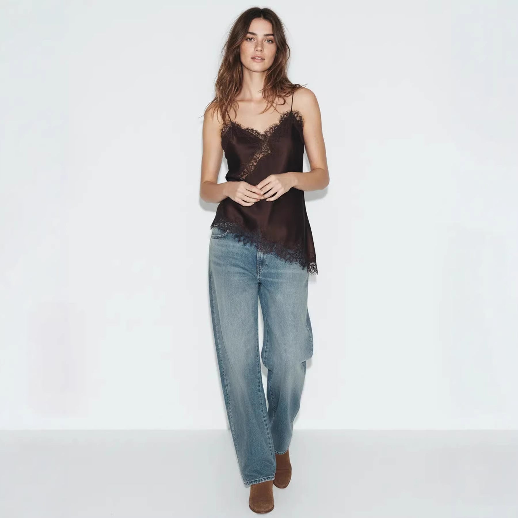 Damen Satin Top mit eleganter Spitze und Spaghettiträger R&B