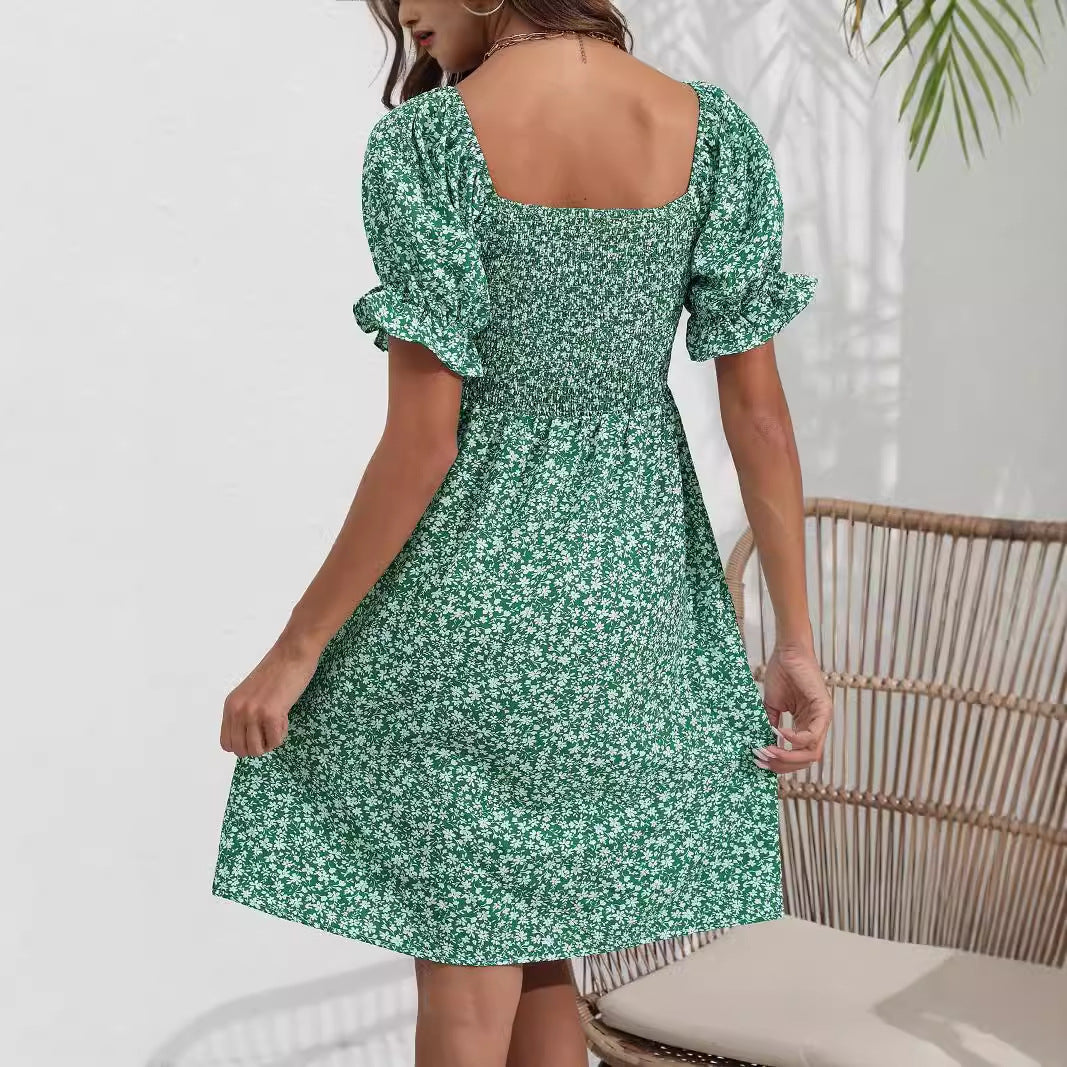 Damen Blumenkleid mit Puffärmeln und Gummizug R&B