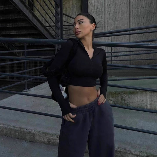Damen Sportliches Crop-Top mit Reißverschluss und langen Ärmeln R&B