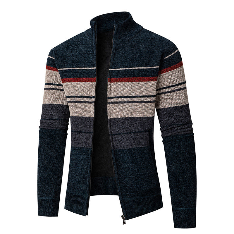 Herren modische Strickjacke mit kontrastierenden Streifen und hochabschließendem Kragen