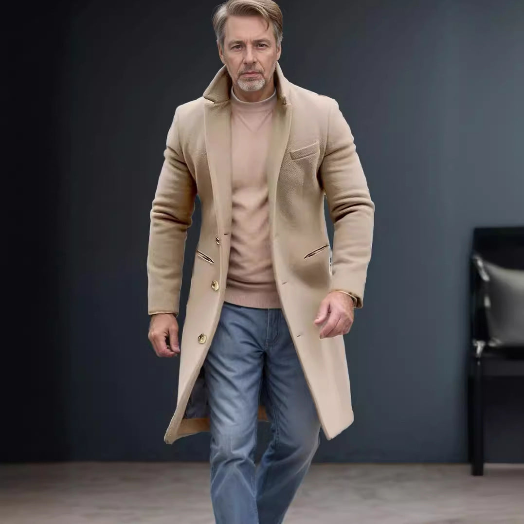 Herren eleganter langes Wollmantel mit schmalem Schnitt und goldenen Knöpfen R&B
