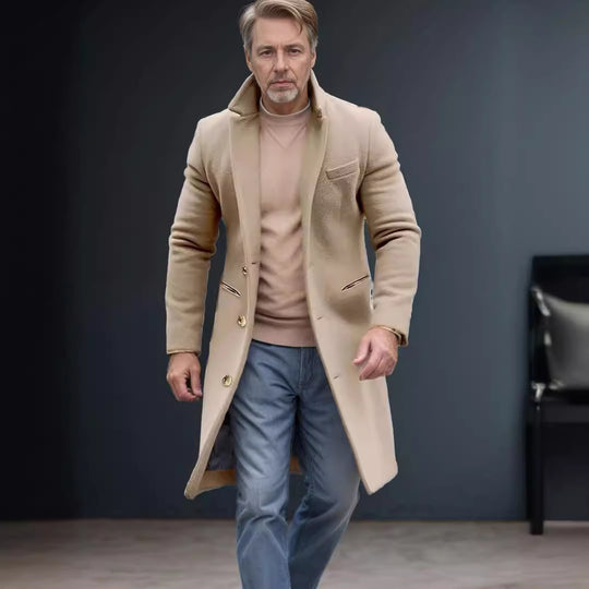 Herren eleganter langes Wollmantel mit schmalem Schnitt und goldenen Knöpfen R&B
