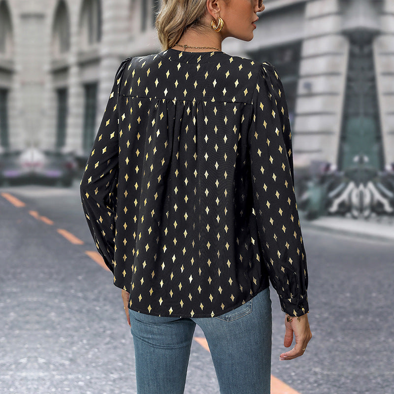 Damen elegante Bluse mit grafischem Muster und V-Ausschnitt R&B